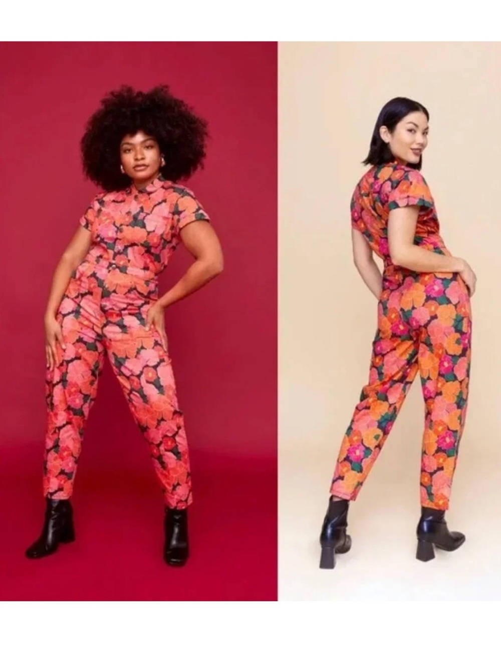Mixed by Nasrin Ruby Cotton Floral Zip-Front Jumpsuit - Bright Pink & Orange